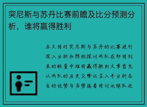 突尼斯与苏丹比赛前瞻及比分预测分析，谁将赢得胜利